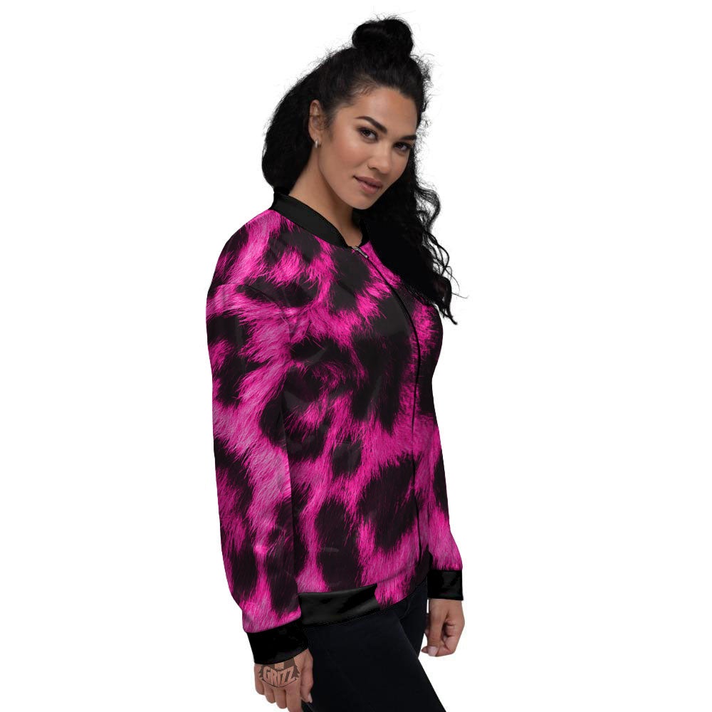 Black Cheetah And Hot Pink Print Women's Bomber Jacket-grizzshop