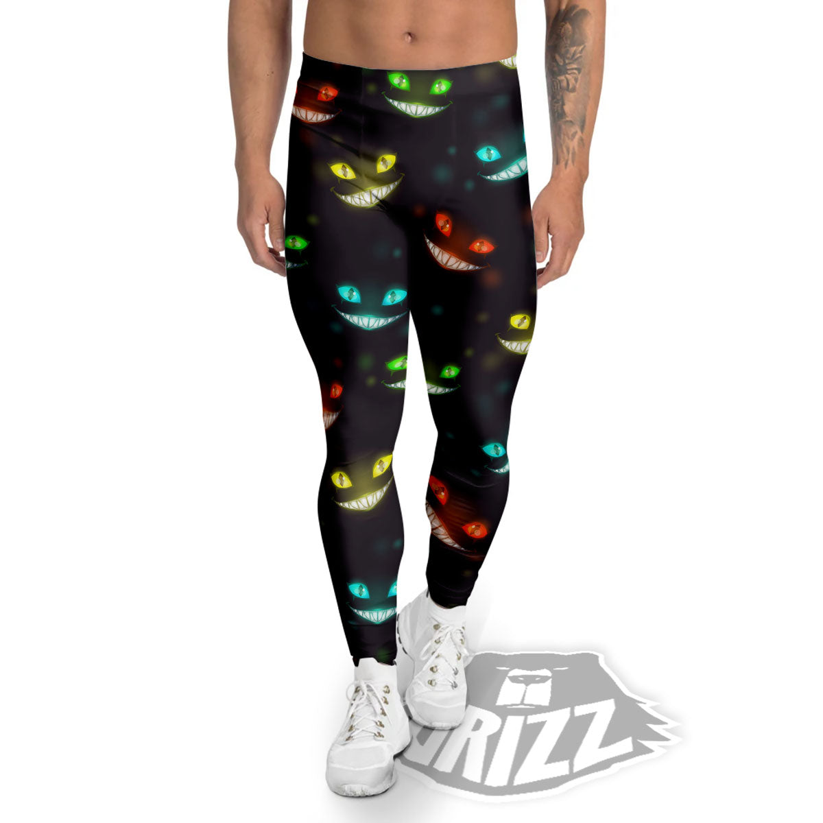 Black Cheshire Cat Print Pattern Men's Leggings-grizzshop