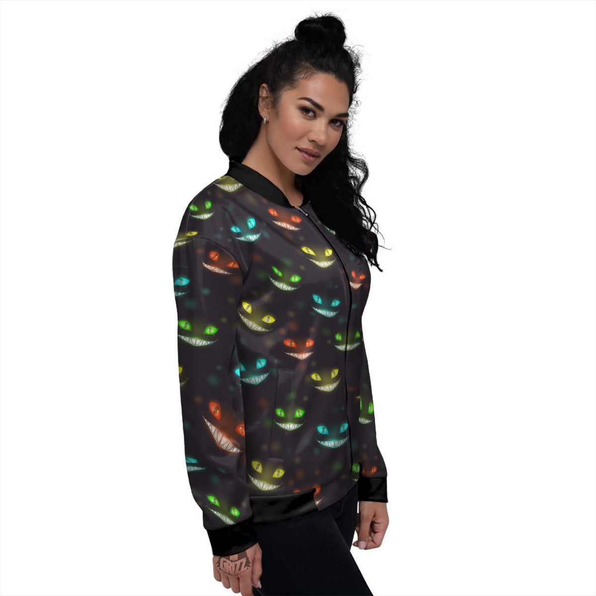 Black Cheshire Cat Print Pattern Women's Bomber Jacket-grizzshop