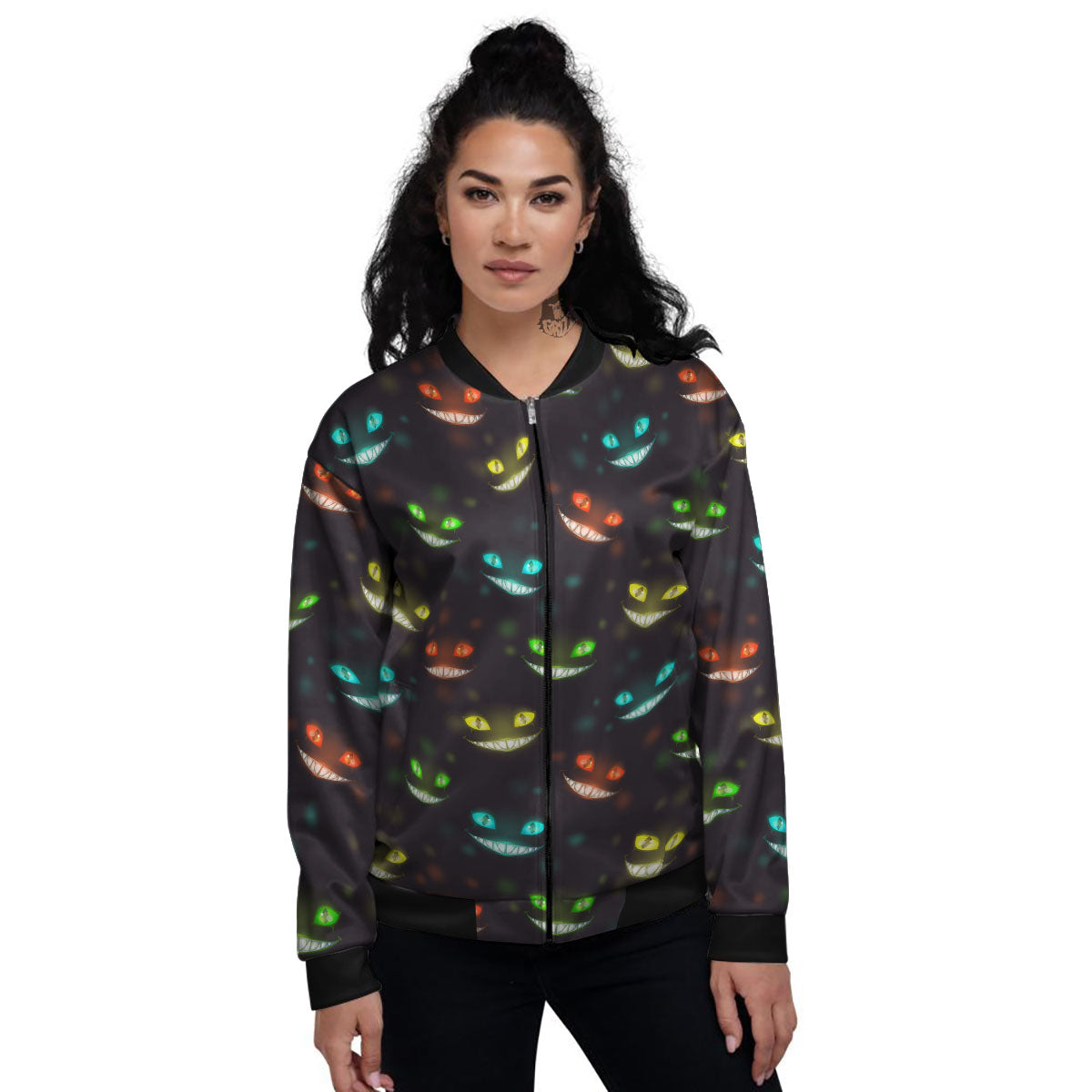 Black Cheshire Cat Print Pattern Women's Bomber Jacket-grizzshop