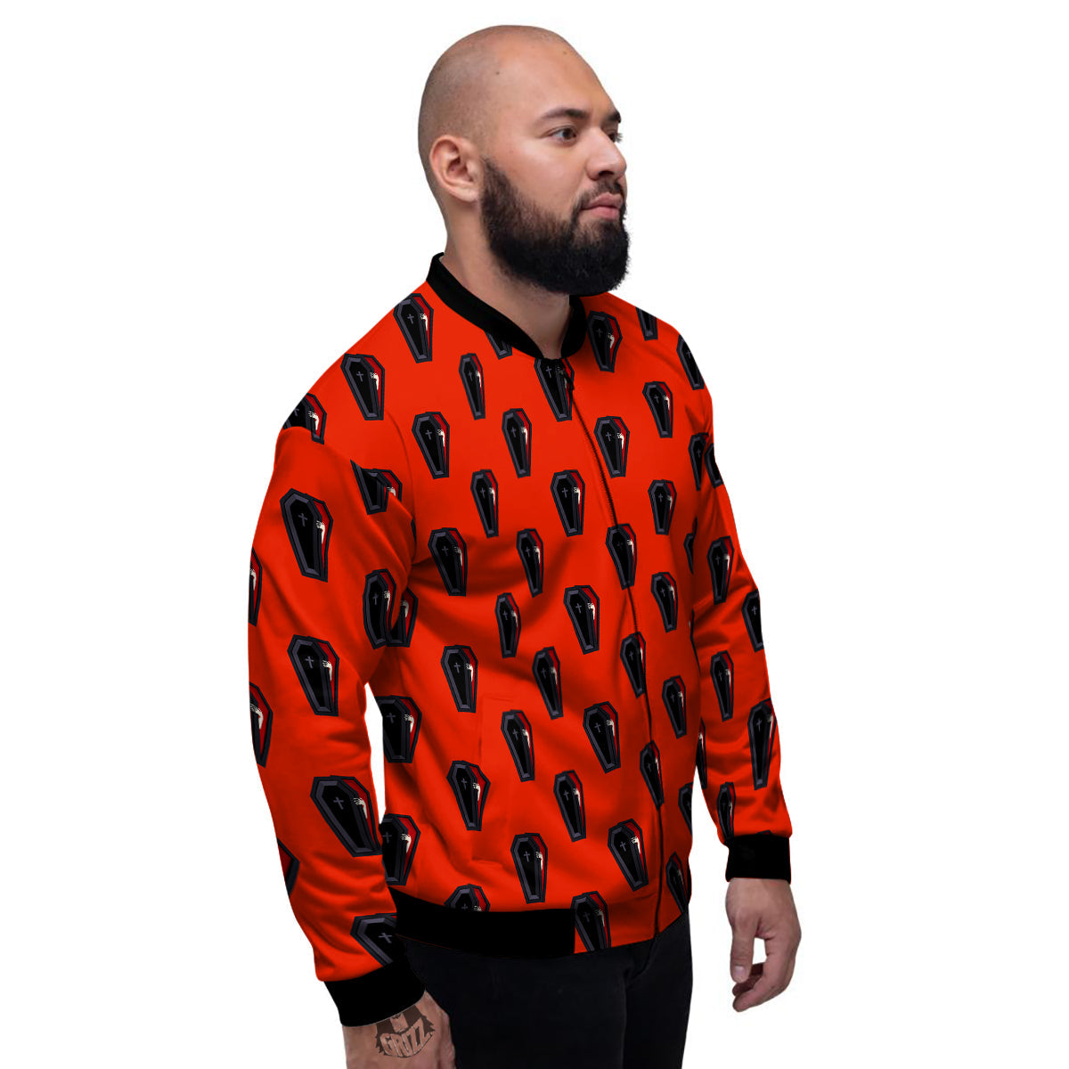 Black Coffin Red Print Pattern Men's Bomber Jacket-grizzshop