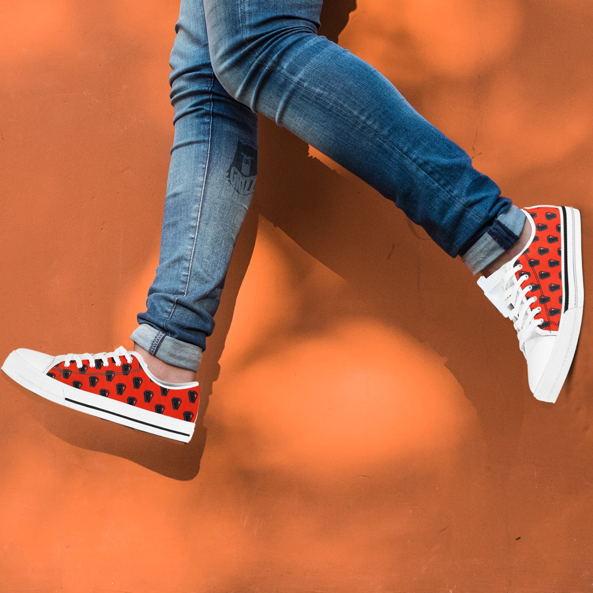 Black Coffin Red Print Pattern White Low Top Shoes-grizzshop