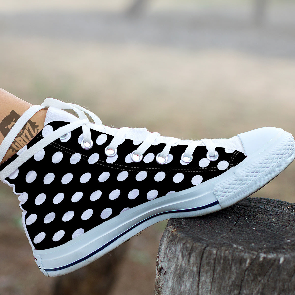 Black Color Polka Dot Print Pattern White High Top Shoes-grizzshop