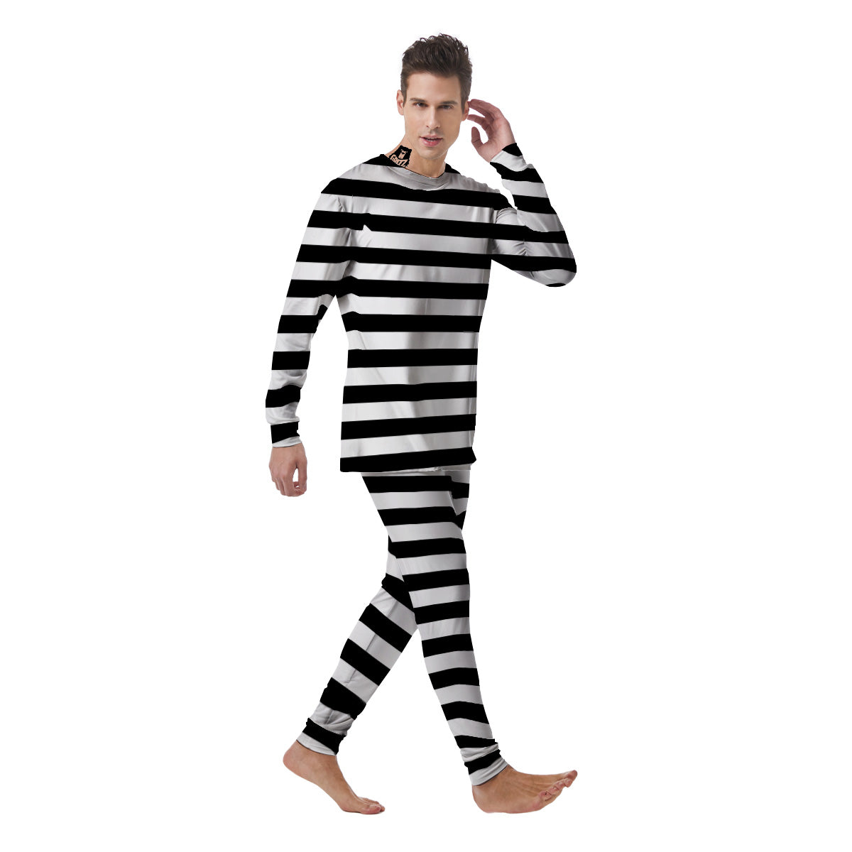 Black Color Striped Print Men's Pajamas-grizzshop