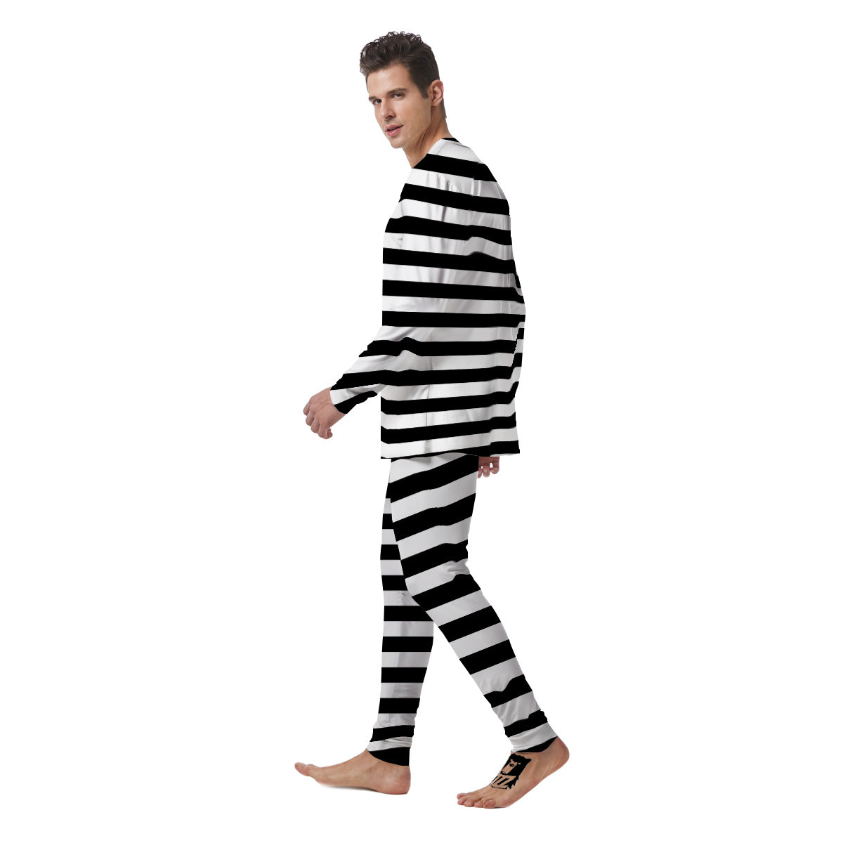 Black Color Striped Print Men's Pajamas-grizzshop