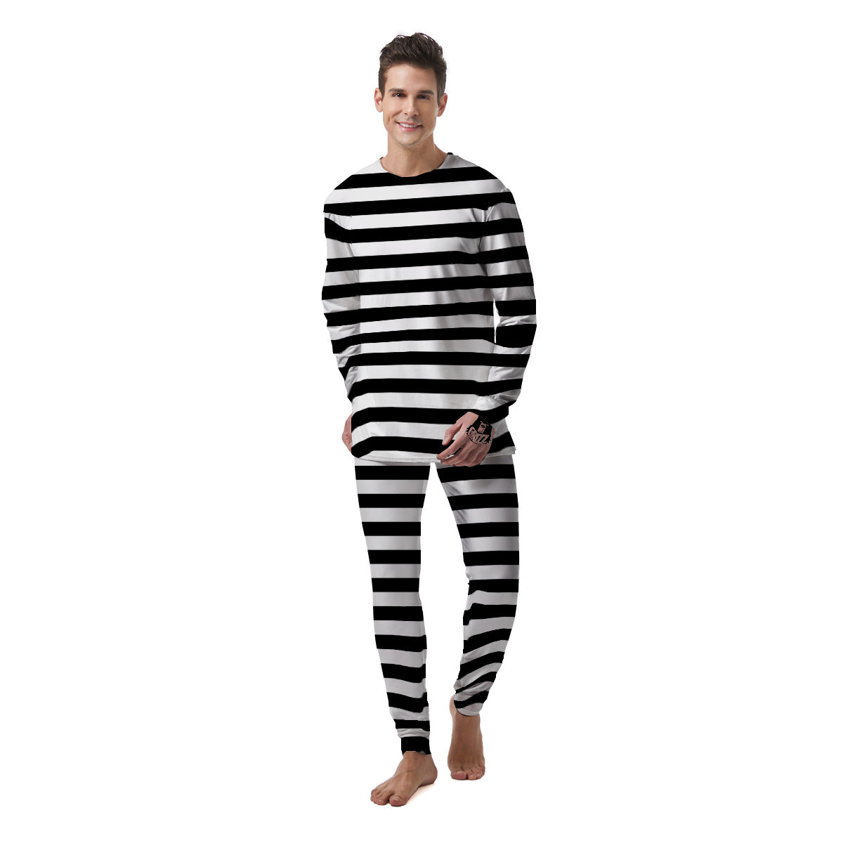 Black Color Striped Print Men's Pajamas-grizzshop