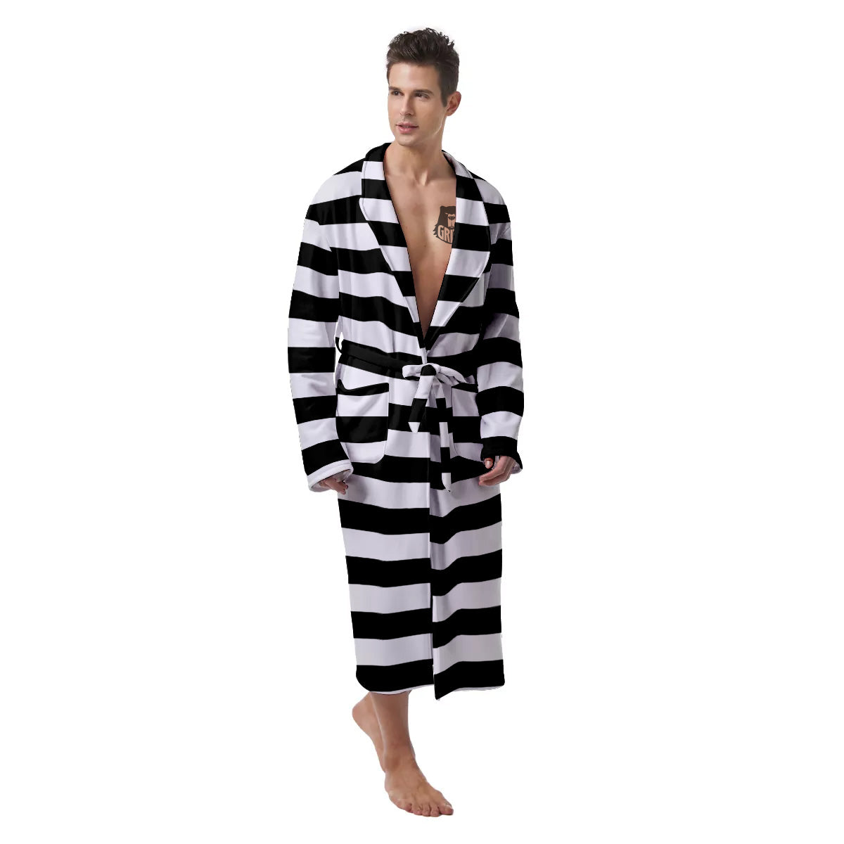 Black Color Striped Print Men's Robe-grizzshop