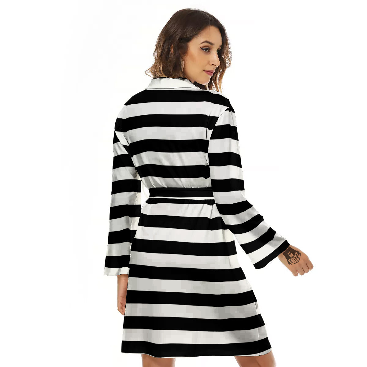 Black Color Striped Print Women's Robe-grizzshop