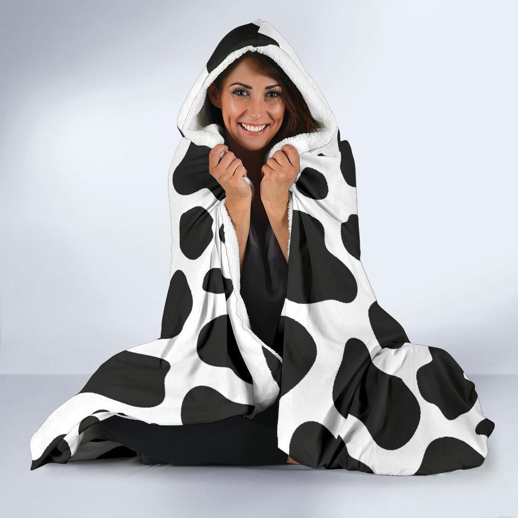 Black Cow Pattern Print Hooded Blanket-grizzshop