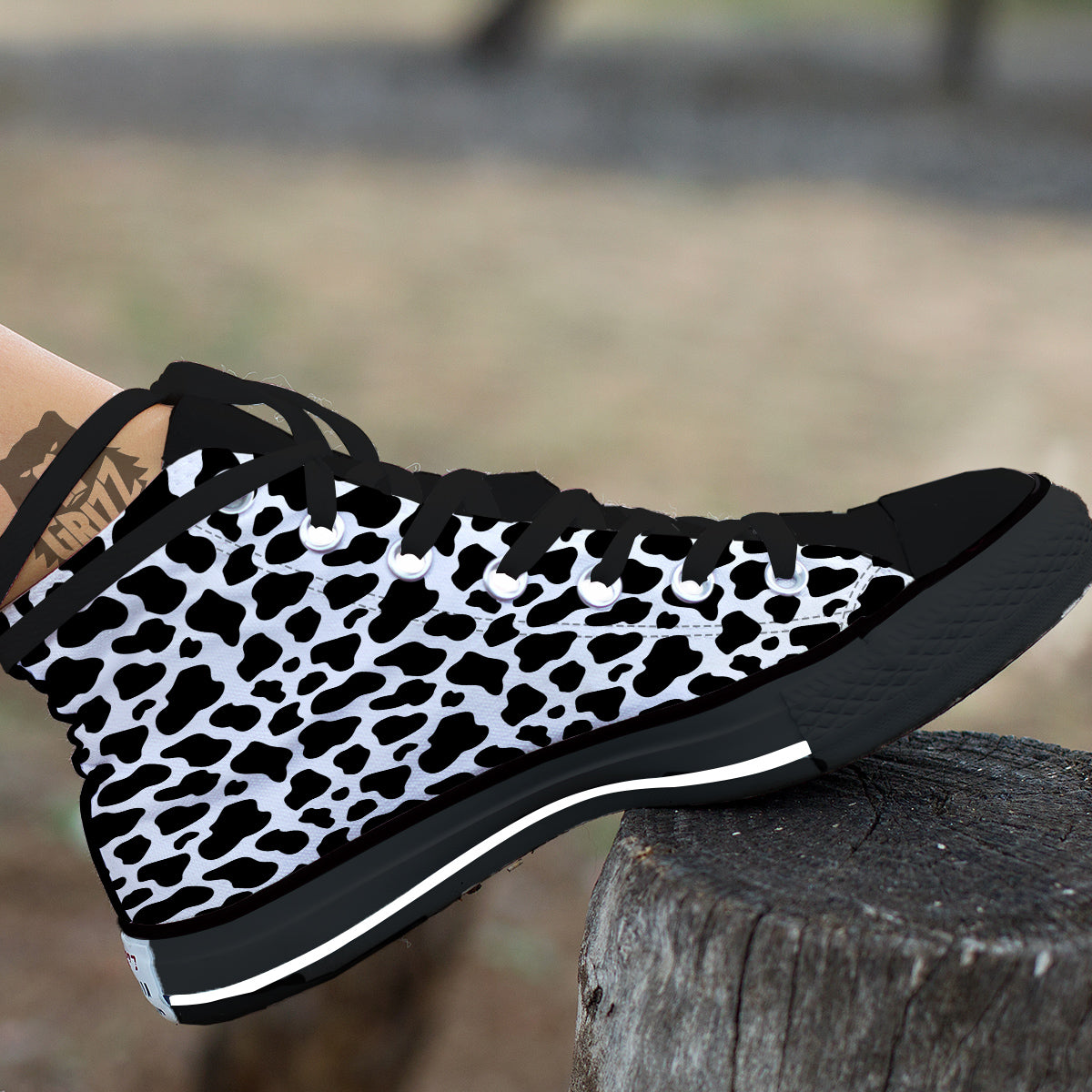 Black Cow Print Pattern Black High Top Shoes-grizzshop