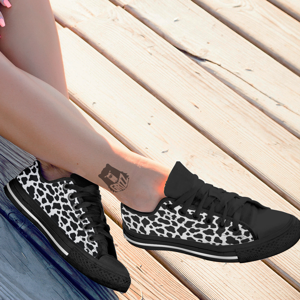 Black Cow Print Pattern Black Low Top Shoes-grizzshop