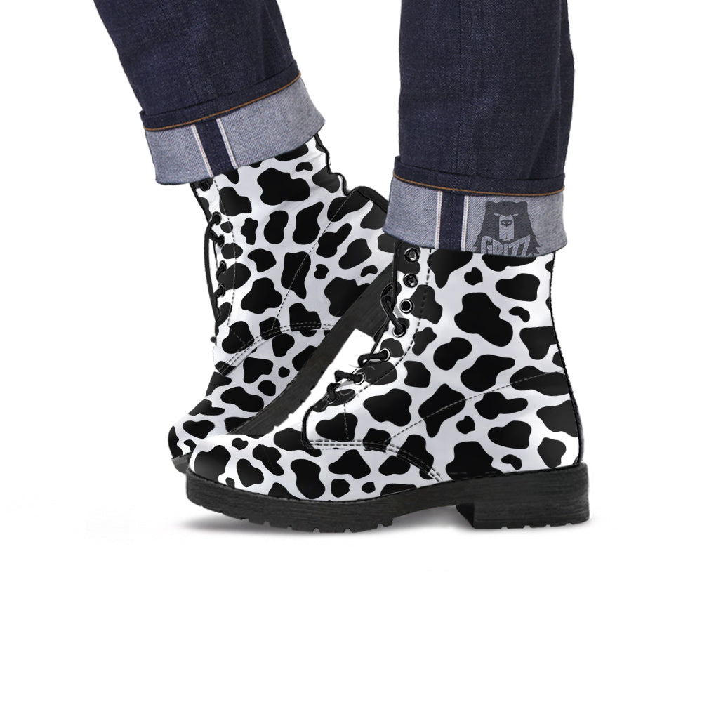 Black Cow Print Pattern Leather Boots-grizzshop