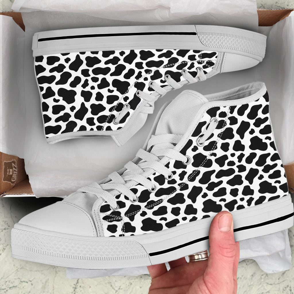 Black Cow Print Pattern White High Top Shoes-grizzshop