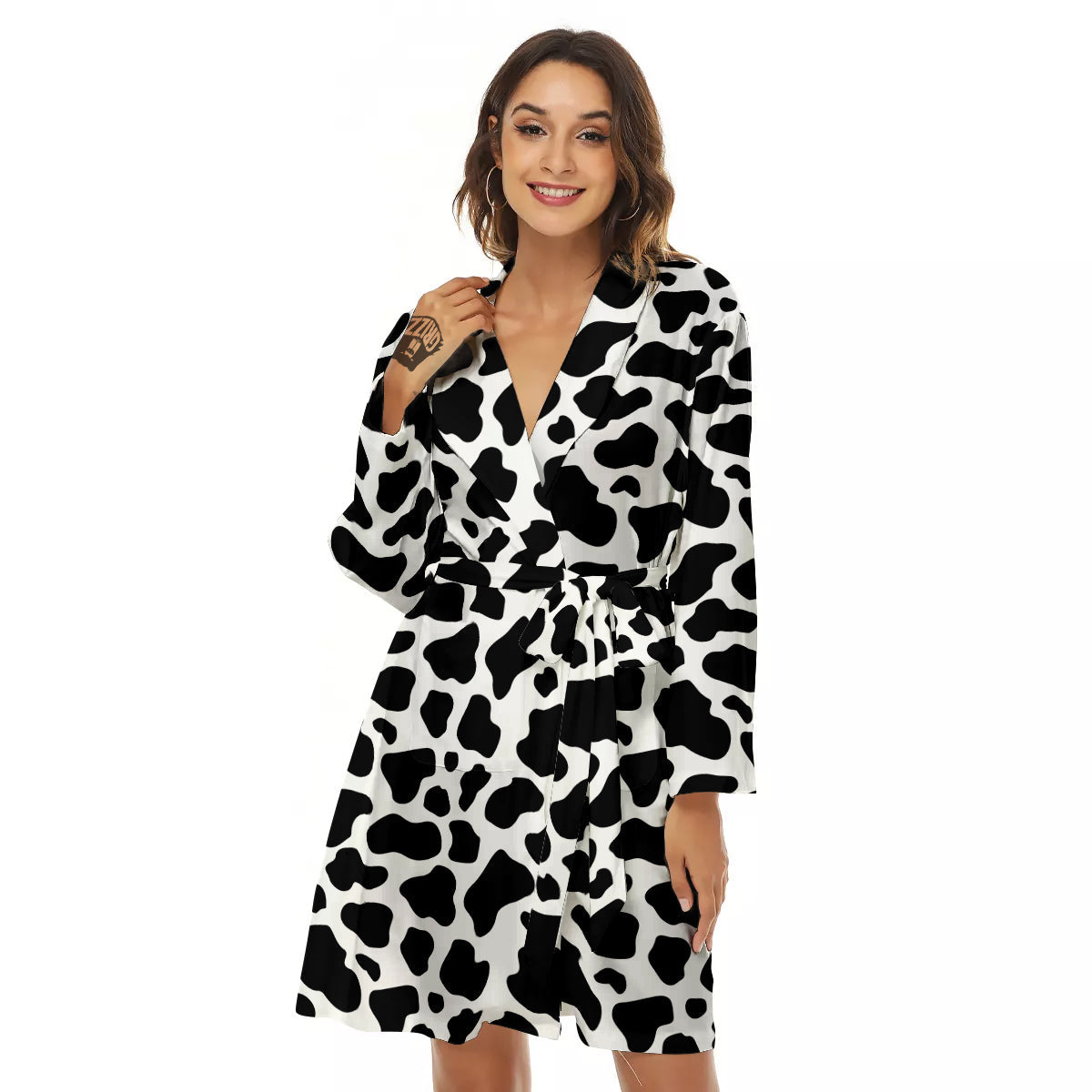 Black Cow Print Pattern Women's Robe-grizzshop