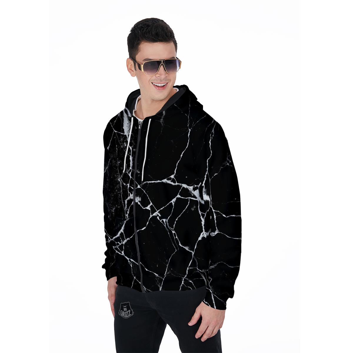 Black Cracked Marble Men's Zip Up Hoodie-grizzshop