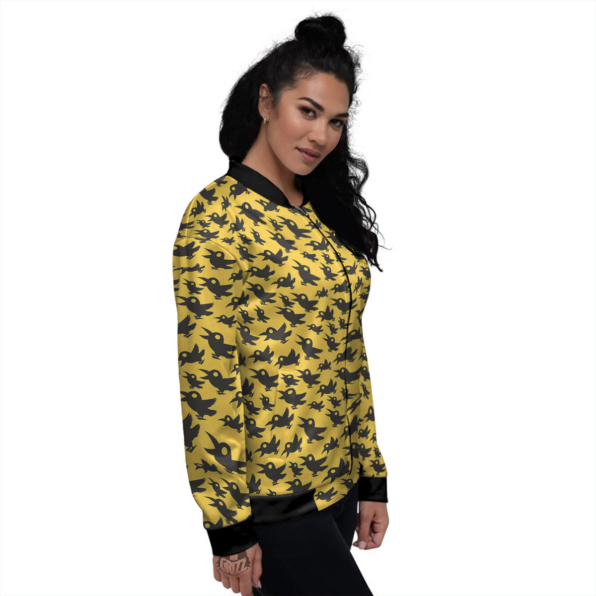 Black Crow Yellow Print Pattern Women's Bomber Jacket-grizzshop