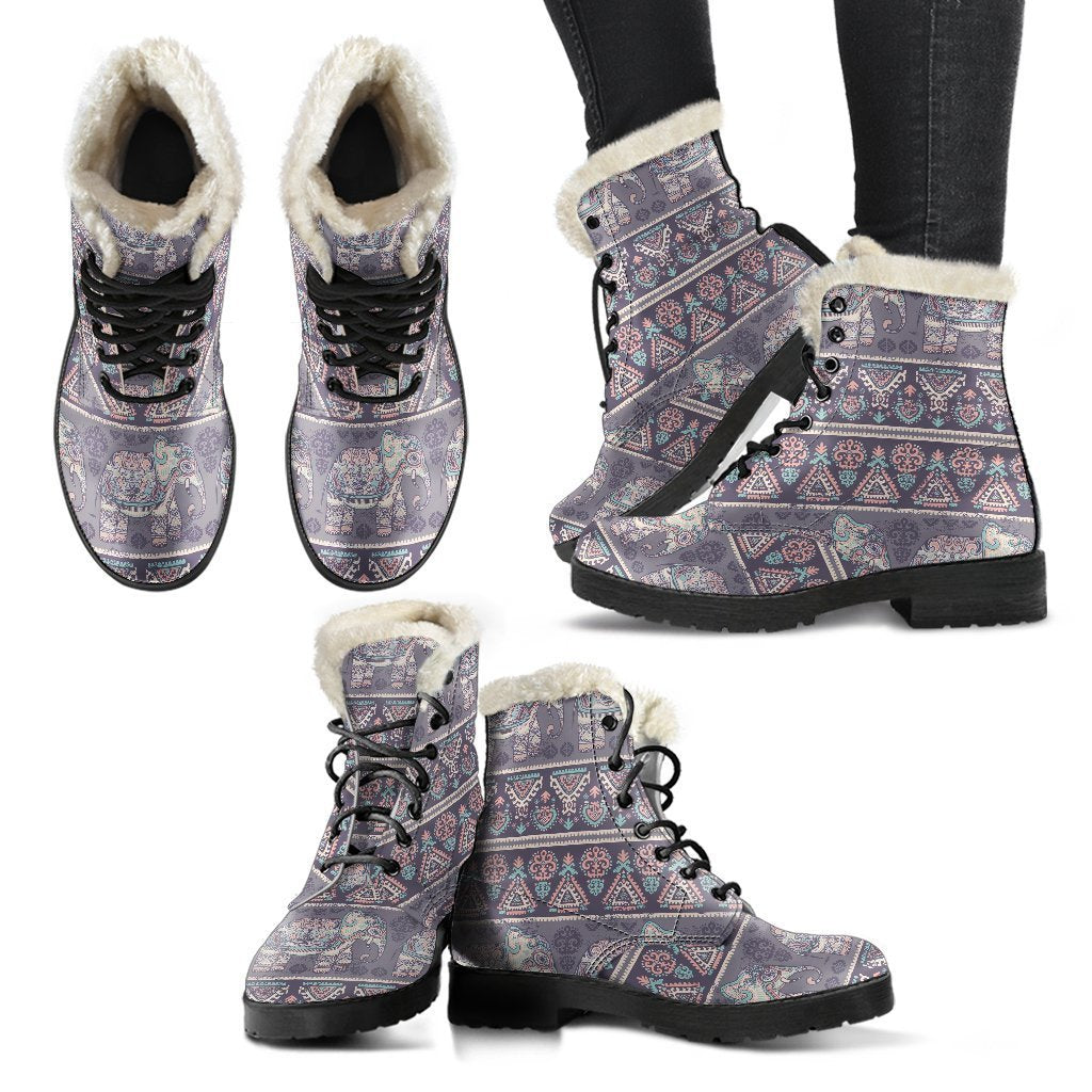 Black Elephant Aztec Pattern Print Comfy Winter Boots-grizzshop
