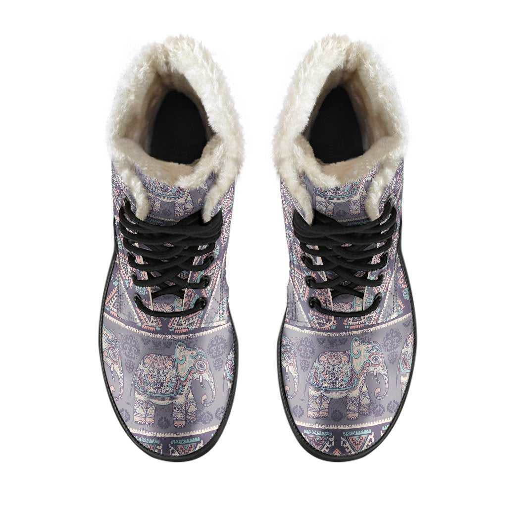 Black Elephant Aztec Pattern Print Comfy Winter Boots-grizzshop
