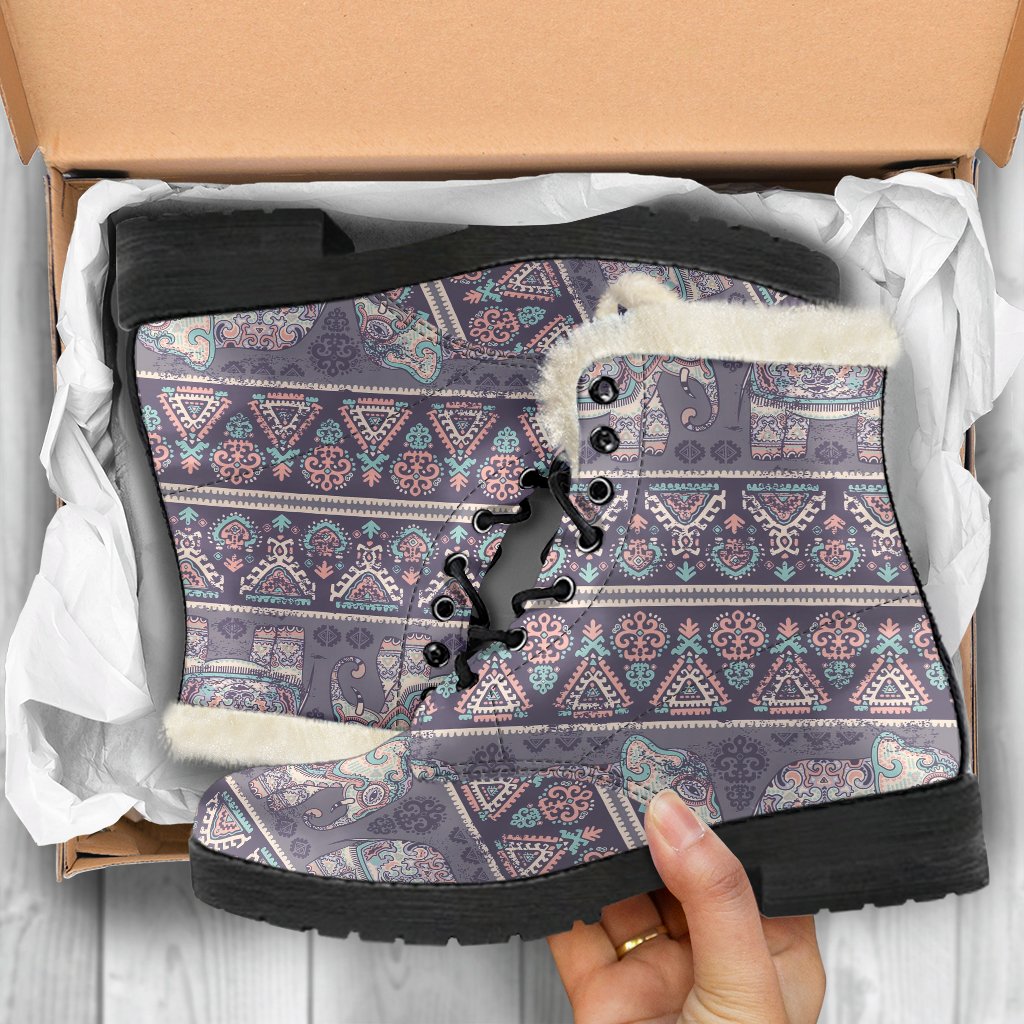 Black Elephant Aztec Pattern Print Comfy Winter Boots-grizzshop