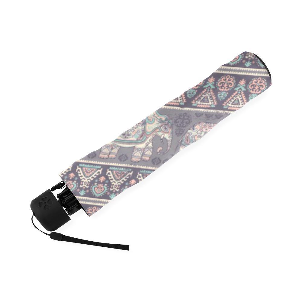 Black Elephant Aztec Pattern Print Foldable Umbrella-grizzshop