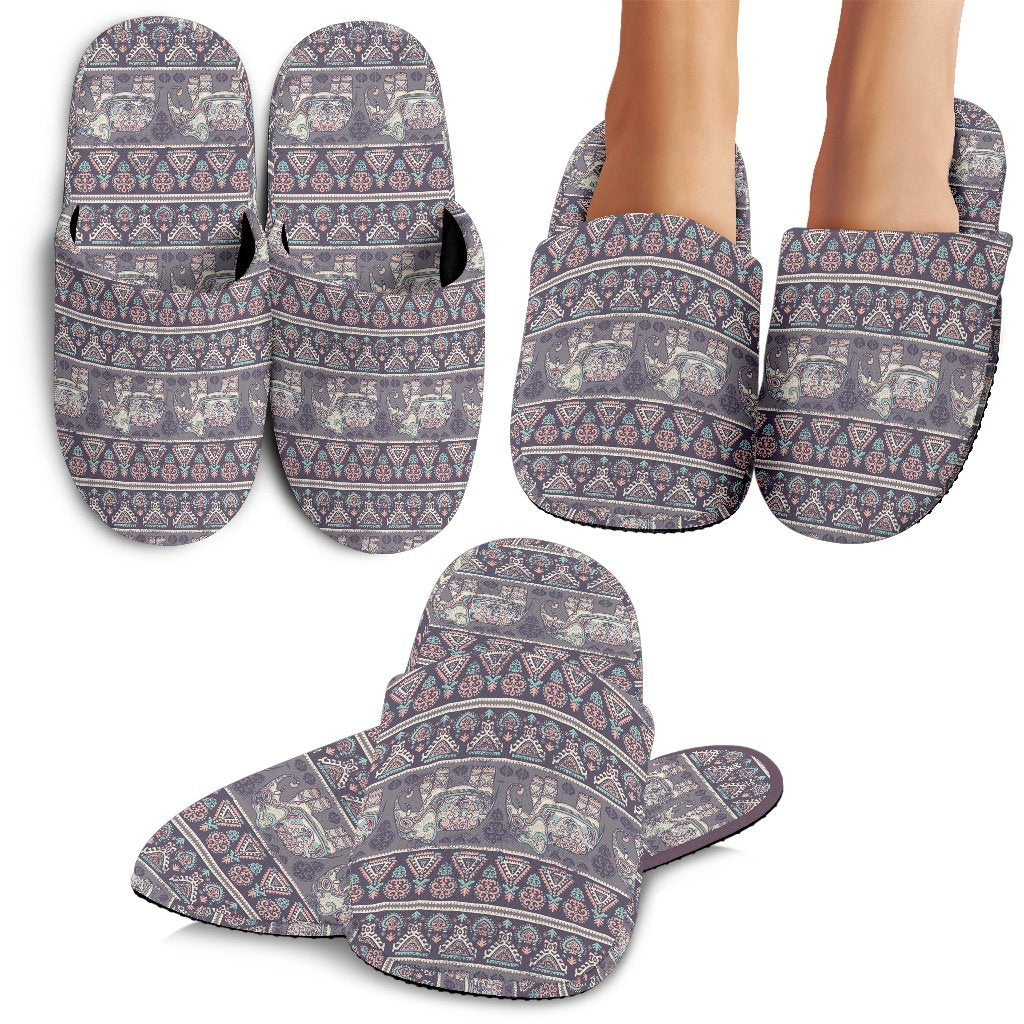 Black Elephant Aztec Pattern Print Premium Home Slippers-grizzshop