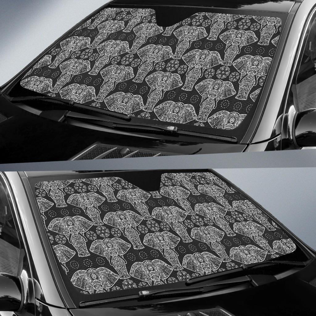 Black Elephant Mandala Print Car Sun Shade-grizzshop