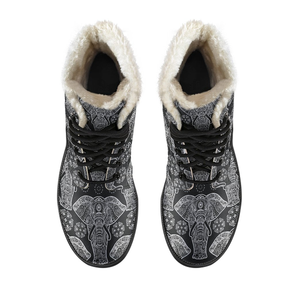 Black Elephant Mandala Print Comfy Winter Boots-grizzshop