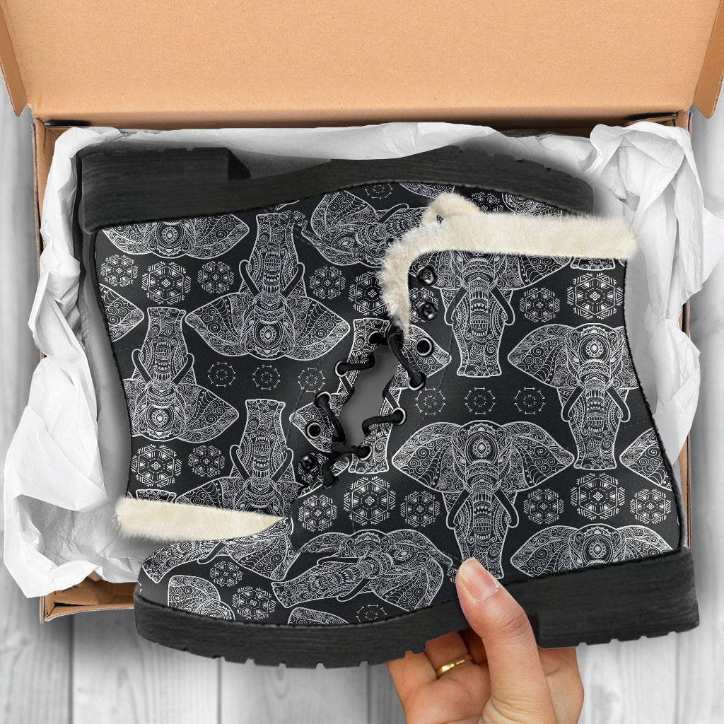 Black Elephant Mandala Print Comfy Winter Boots-grizzshop