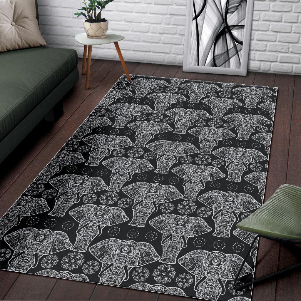 Black Elephant Mandala Print Floor Mat-grizzshop