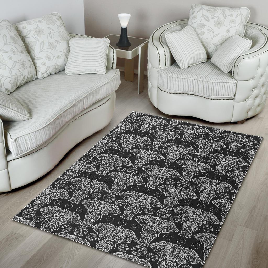 Black Elephant Mandala Print Floor Mat-grizzshop