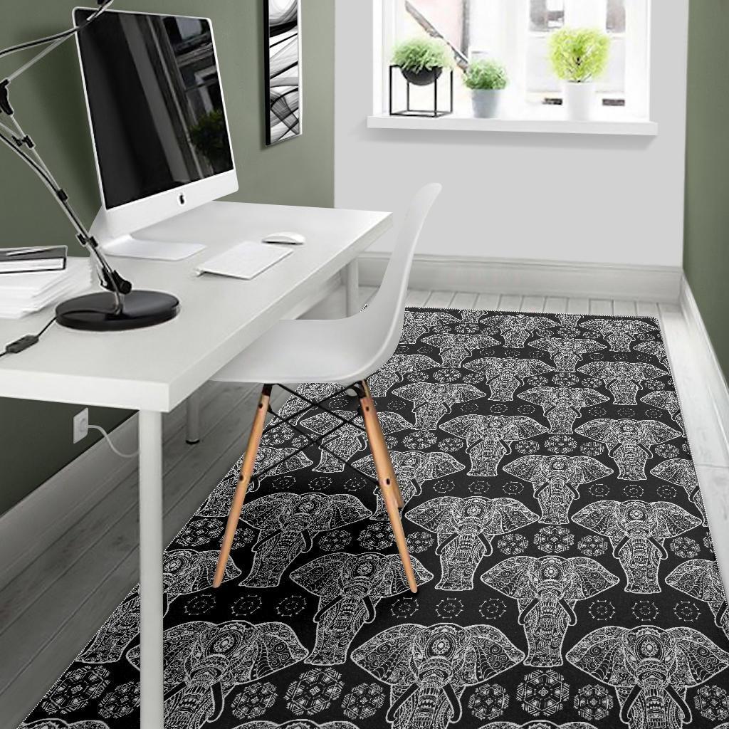 Black Elephant Mandala Print Floor Mat-grizzshop