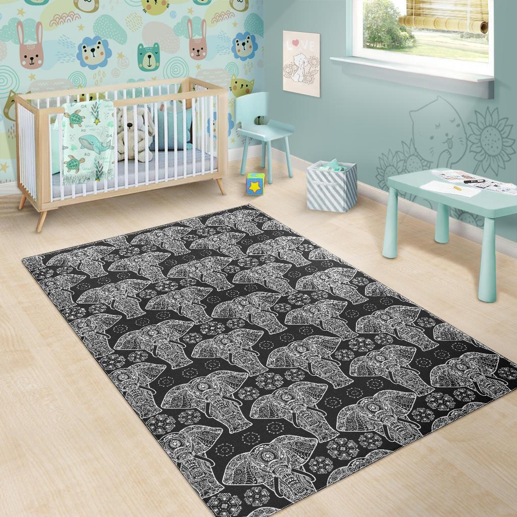Black Elephant Mandala Print Floor Mat-grizzshop