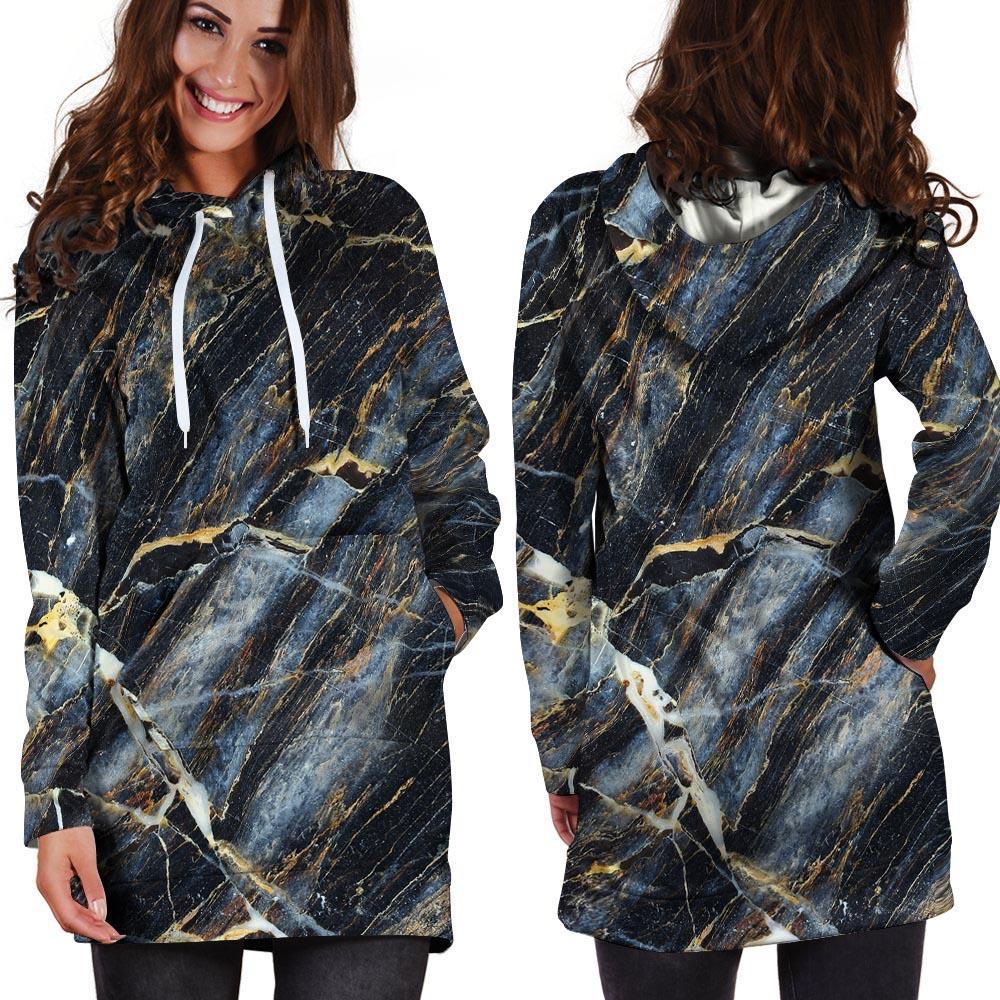 Black Gold Cracked Marble Hoodie Dress-grizzshop