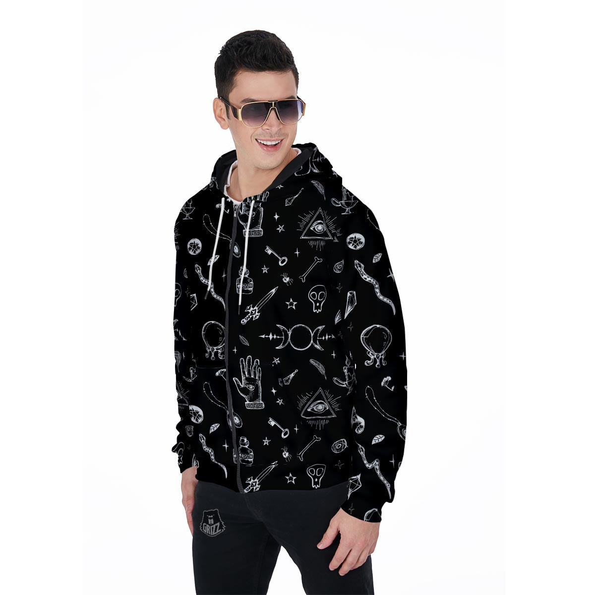 Black Gothic Witch Men's Zip Up Hoodie-grizzshop