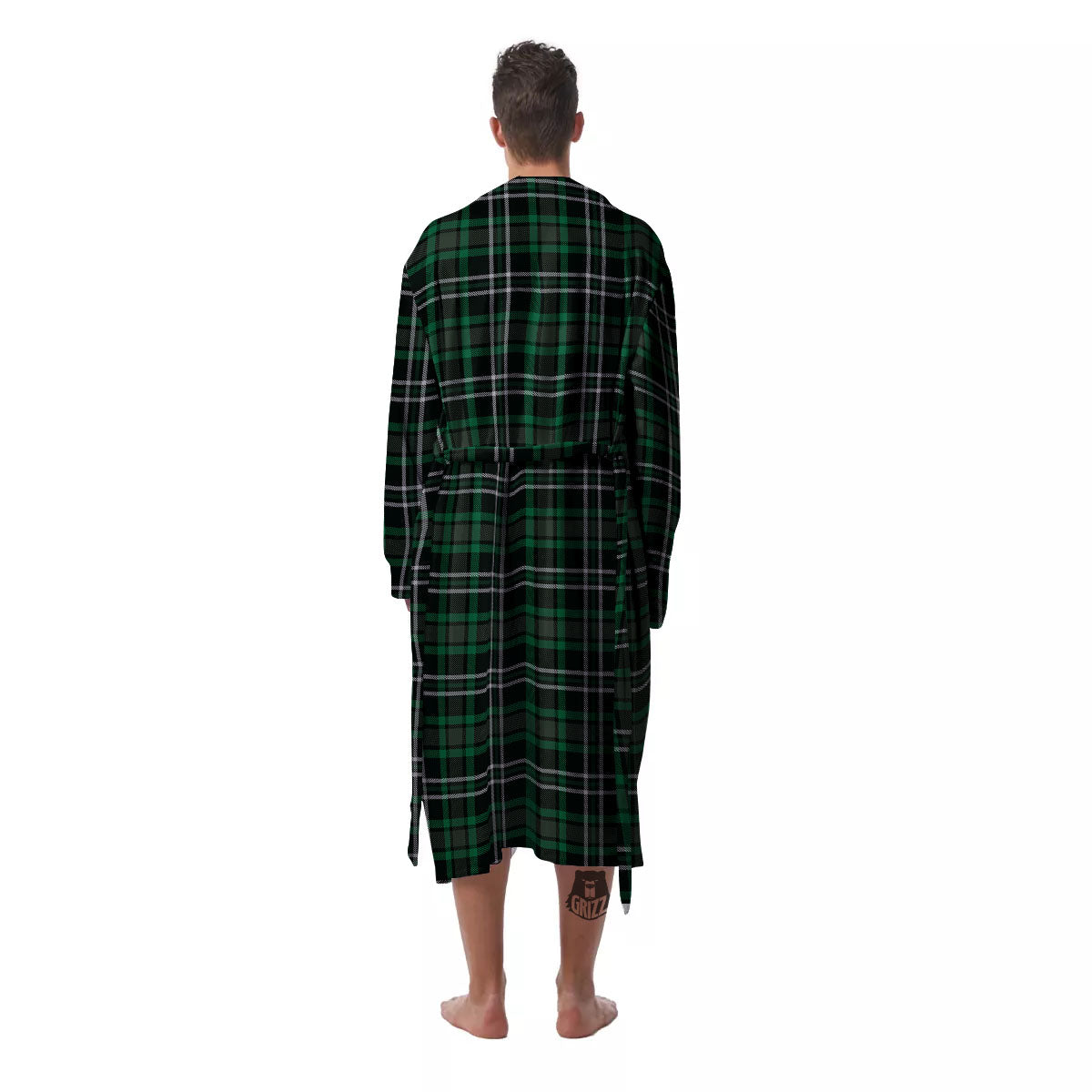 Black Green And White Tartan Print Men's Robe-grizzshop