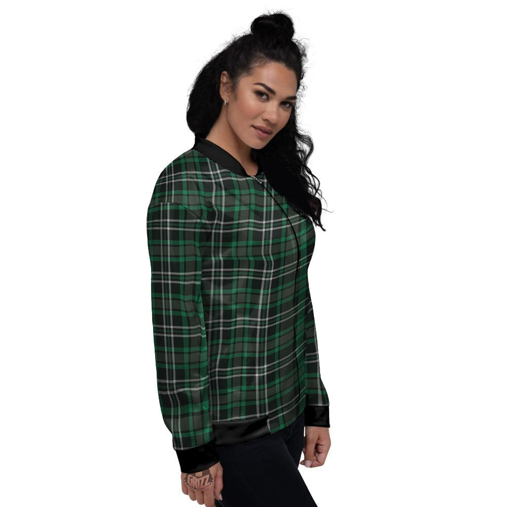 Black Green And White Tartan Print Women's Bomber Jacket-grizzshop
