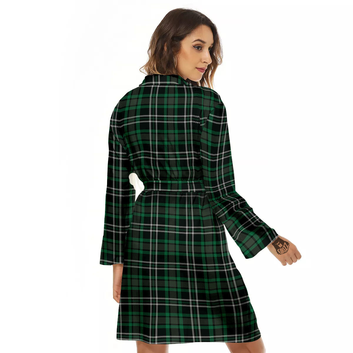 Black Green And White Tartan Print Women's Robe-grizzshop