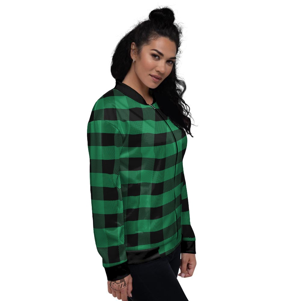 Black Green Buffalo Check And UFO Print Pattern Women's Bomber Jacket-grizzshop
