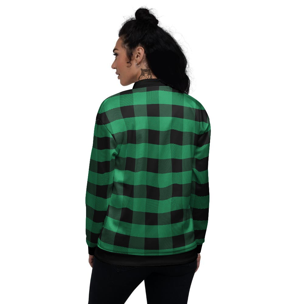 Black Green Buffalo Check And UFO Print Pattern Women's Bomber Jacket-grizzshop