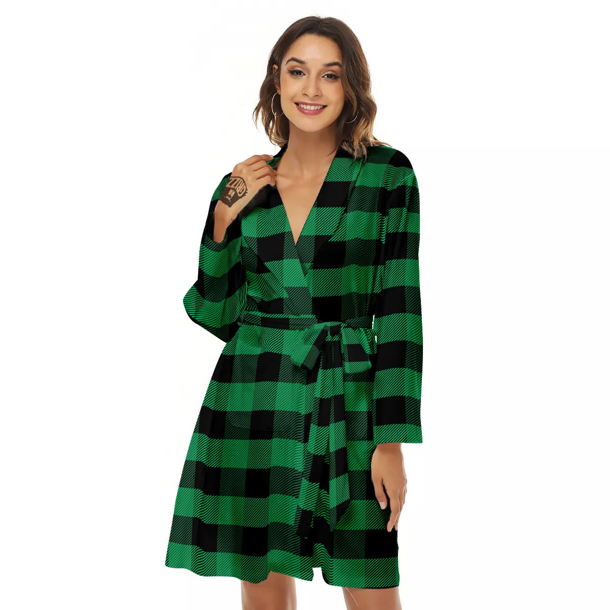 Black Green Buffalo Check And UFO Print Pattern Women's Robe-grizzshop