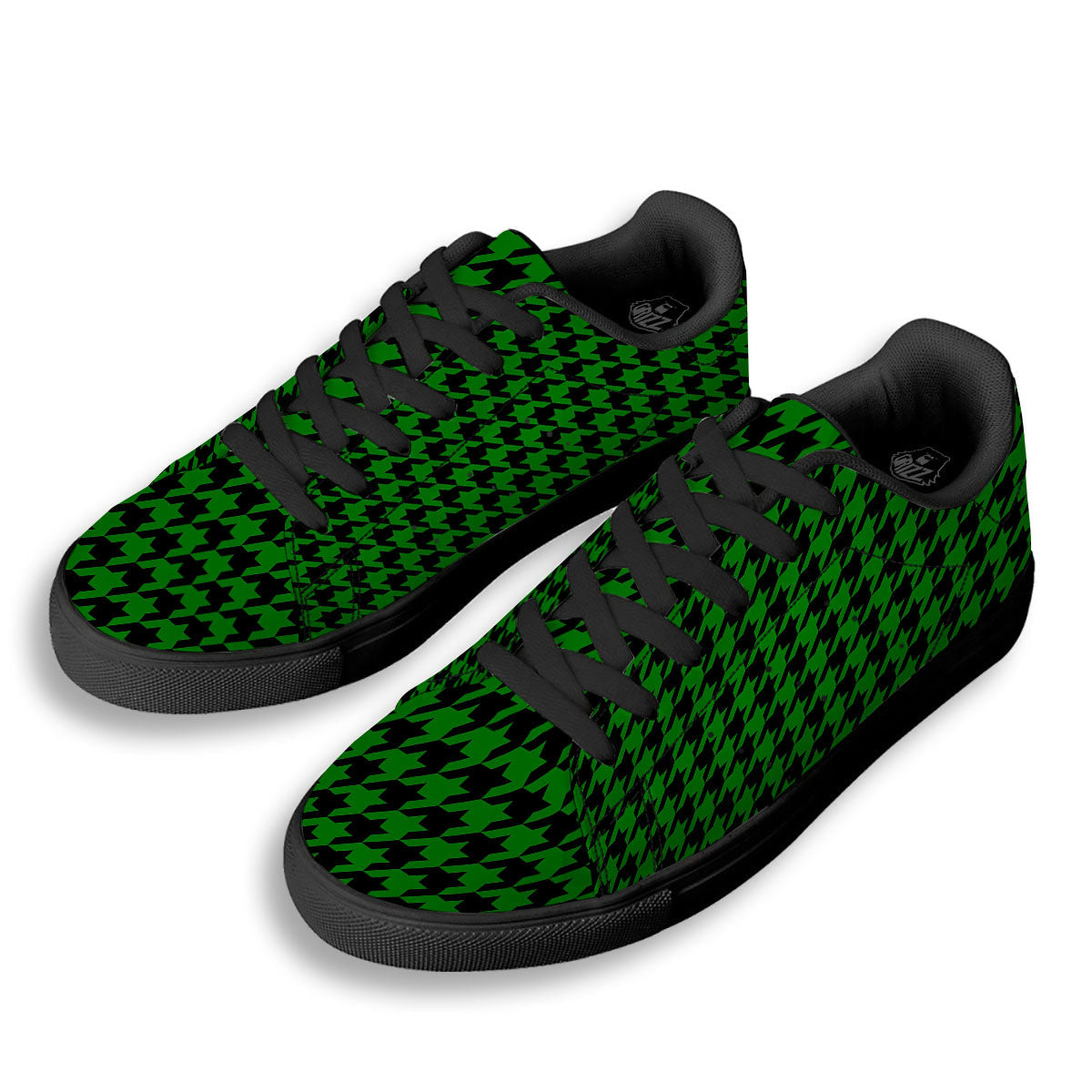 Black Green Jungle Houndstooth Print Black Low Top Sneakers-grizzshop