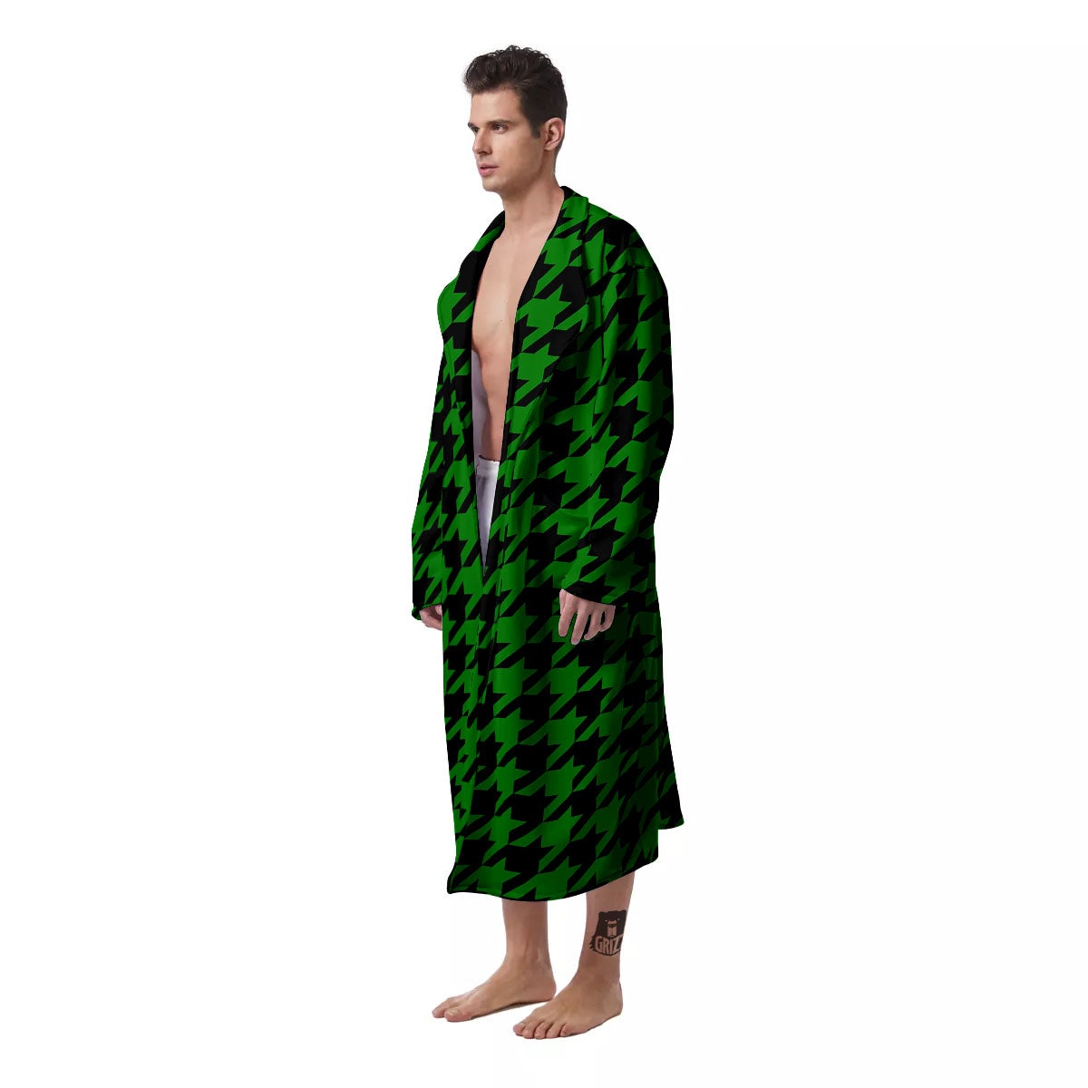 Black Green Jungle Houndstooth Print Men's Robe-grizzshop