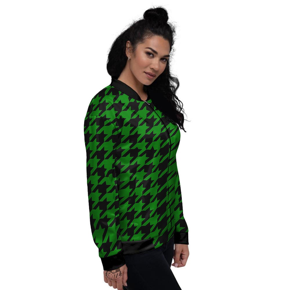 Black Green Jungle Houndstooth Print Women's Bomber Jacket-grizzshop