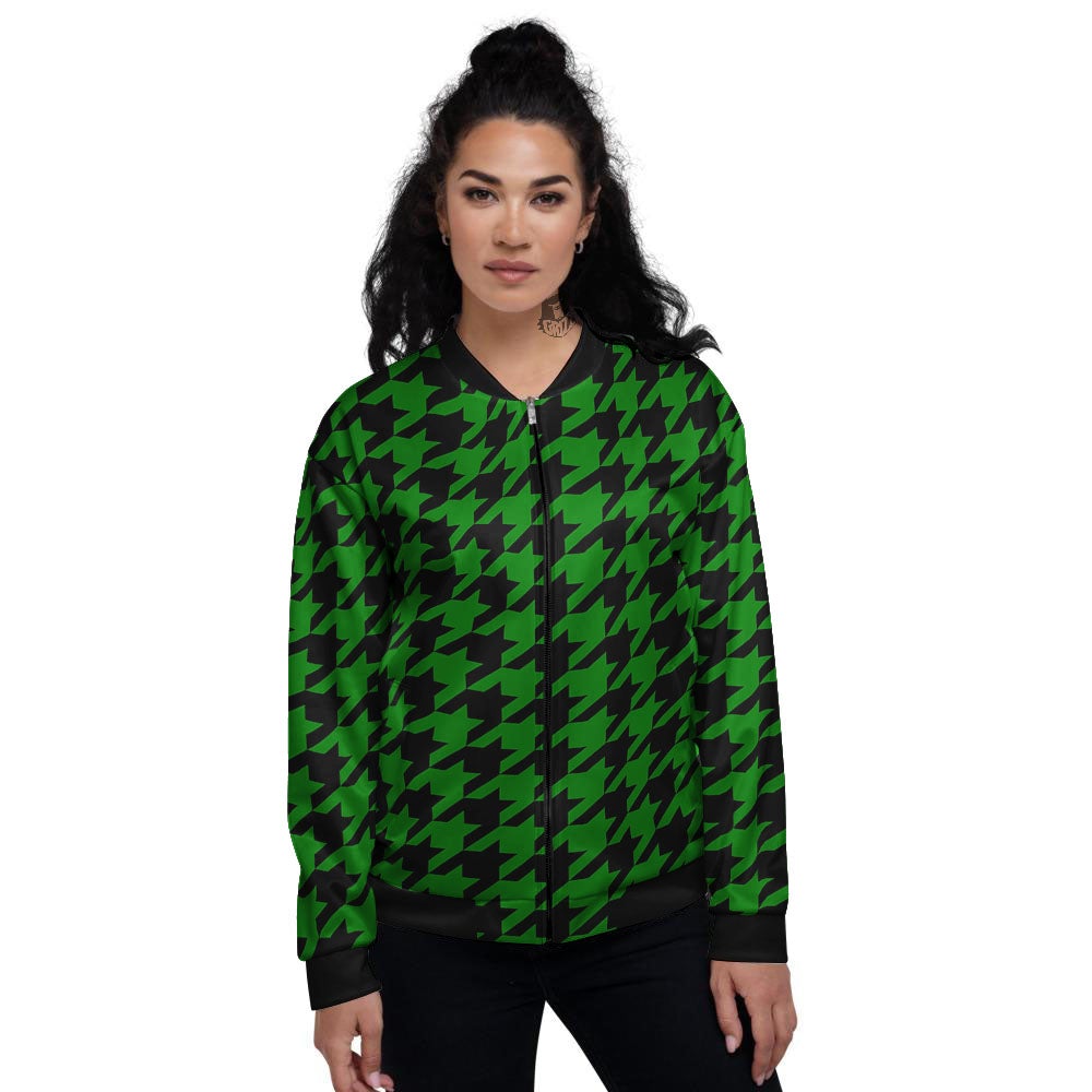 Black Green Jungle Houndstooth Print Women's Bomber Jacket-grizzshop