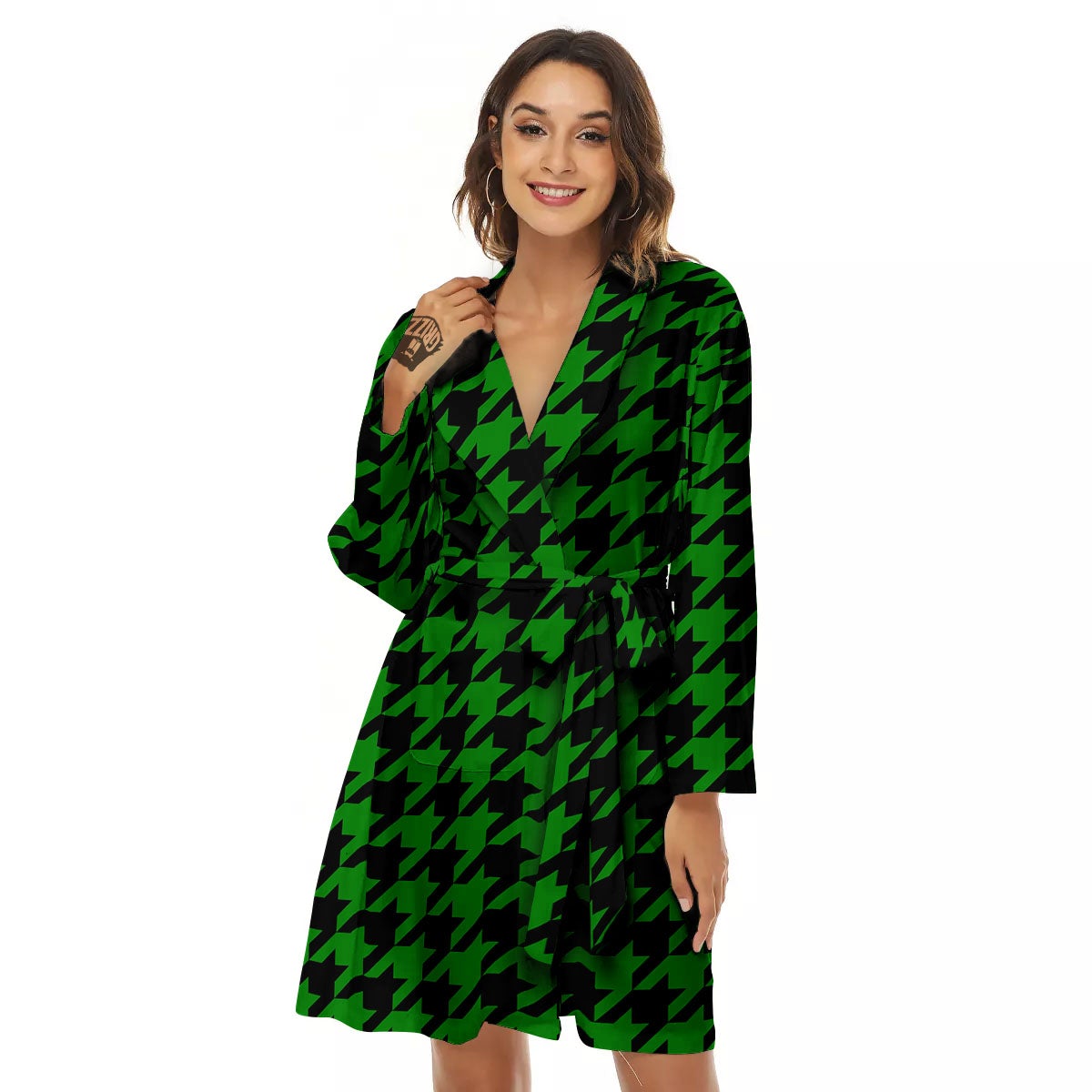Black Green Jungle Houndstooth Print Women's Robe-grizzshop