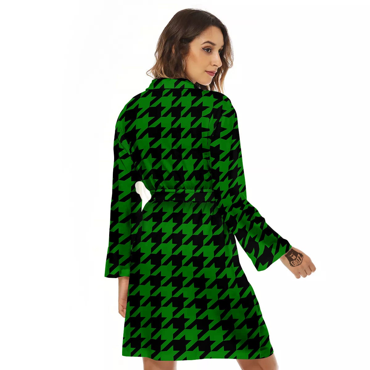 Black Green Jungle Houndstooth Print Women's Robe-grizzshop