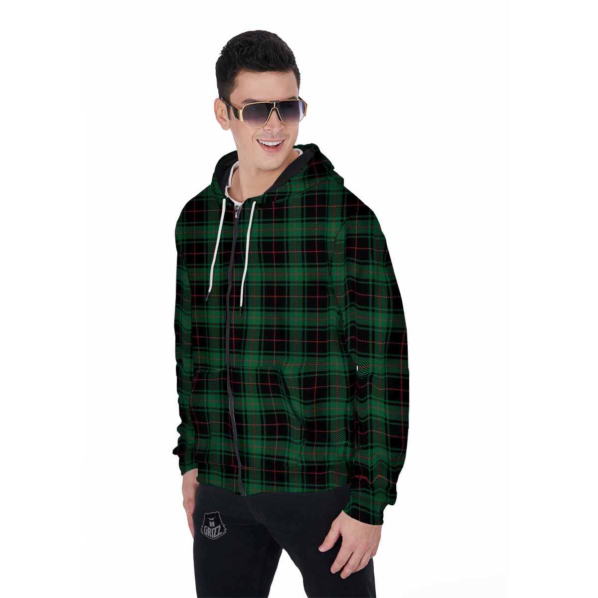 Black Green Plaid Tartan Men's Zip Up Hoodie-grizzshop