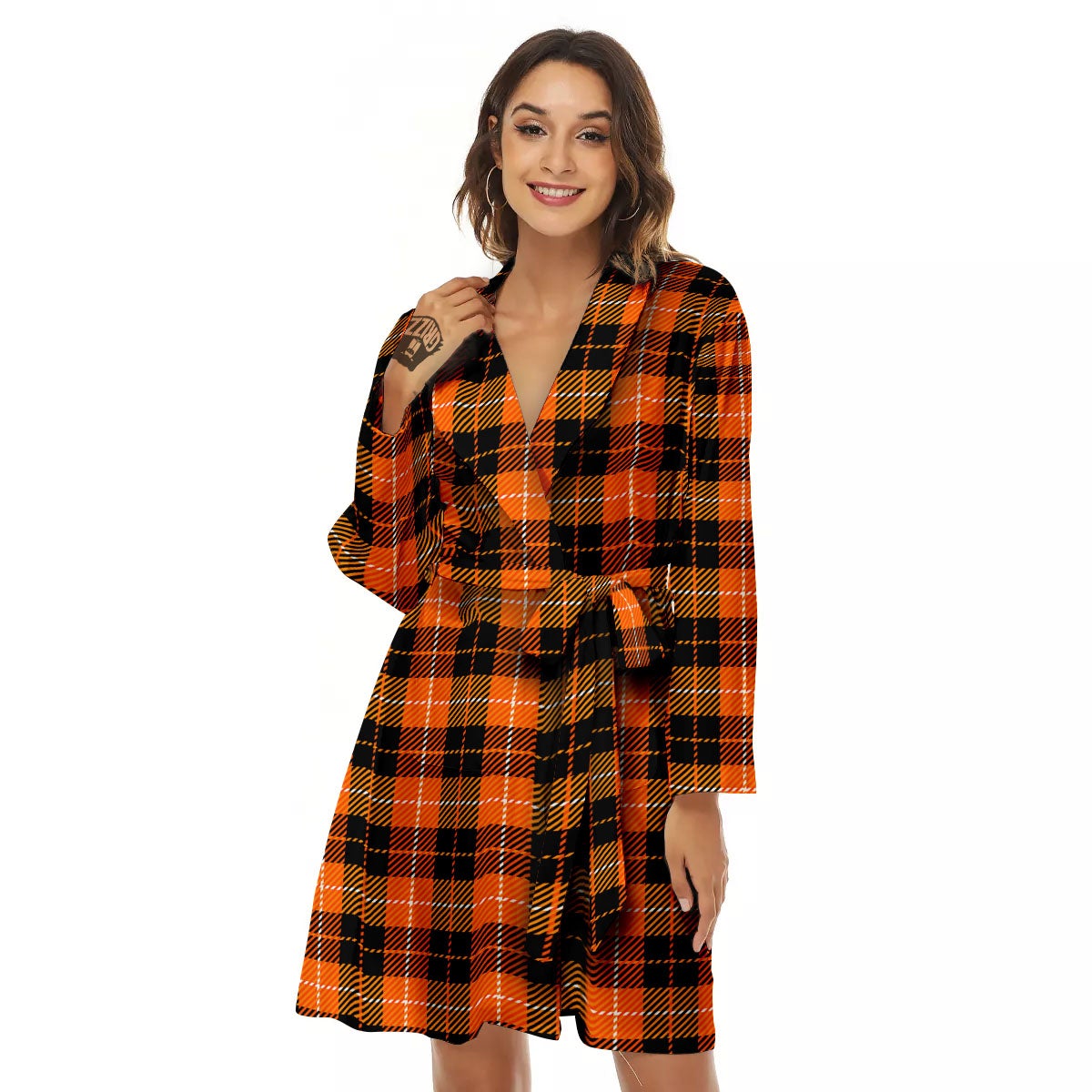 Black Grey Orange And White Plaid Print Women's Robe-grizzshop