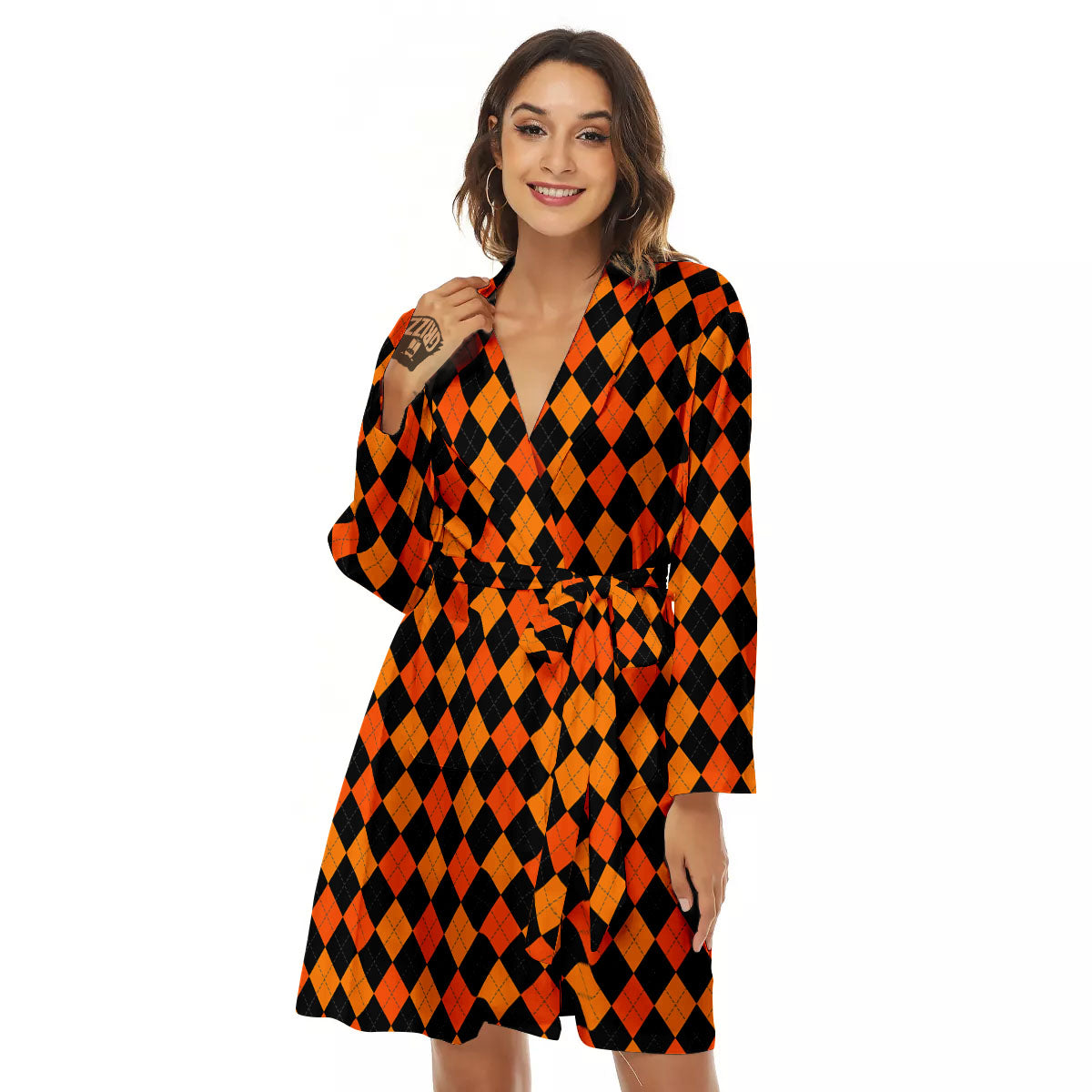 Black Halloween And Orange Argyle Print Women's Robe-grizzshop