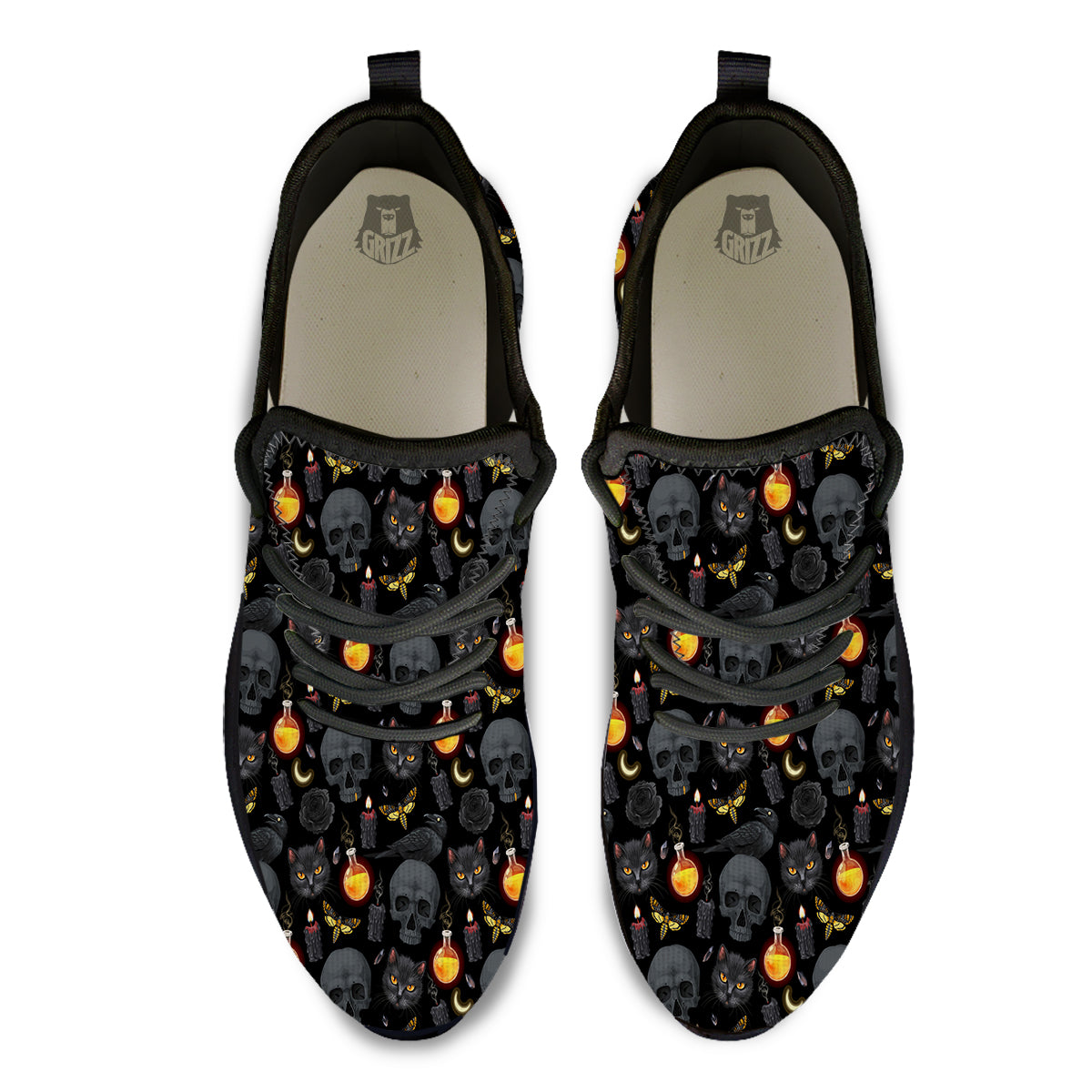 Black Head Cat Raven And Skull Print Pattern Black Athletic Shoes-grizzshop